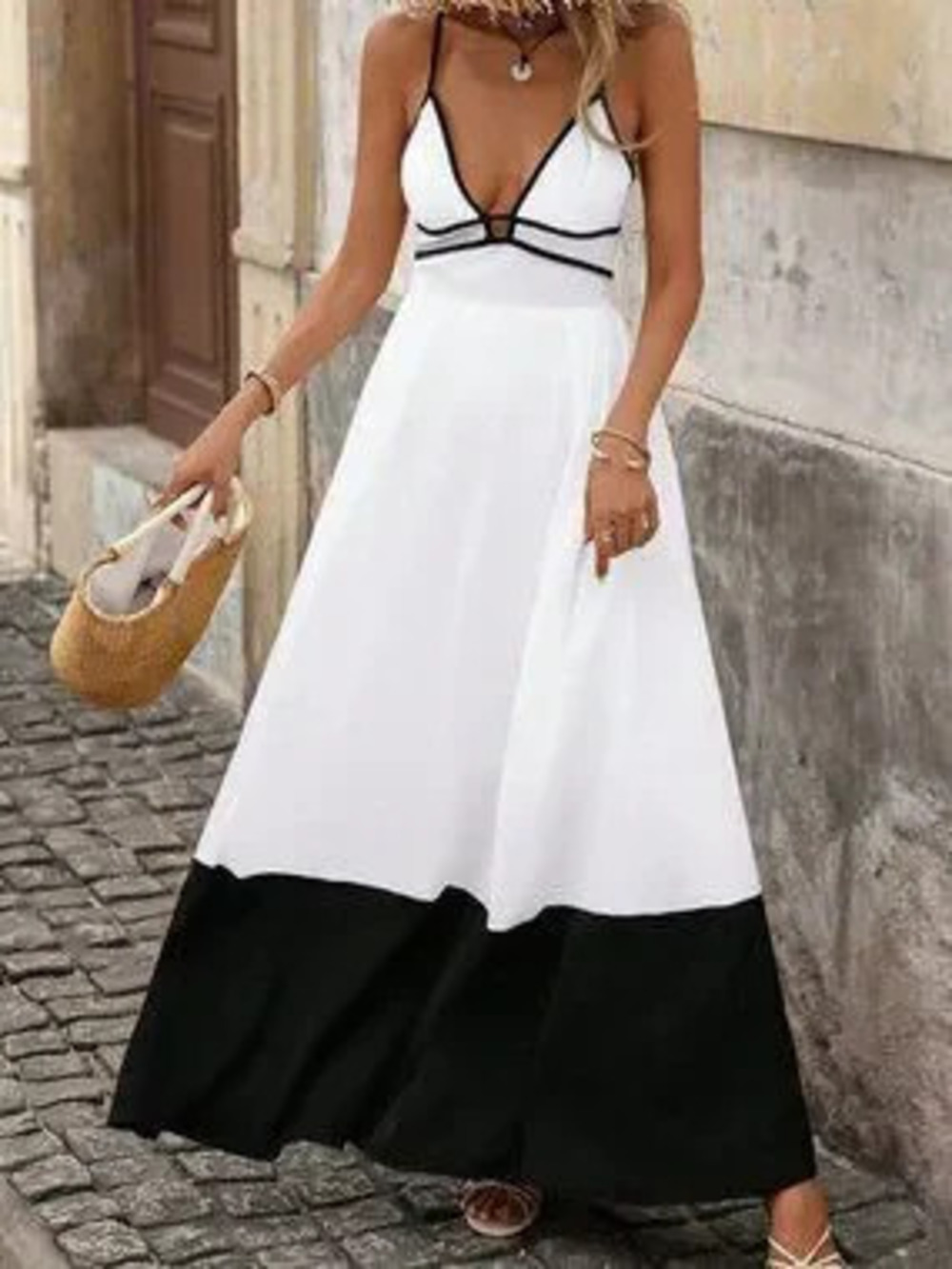 Black And White Casual Women's Vacation Deep V-Neck Contrast Color Maxi Dress